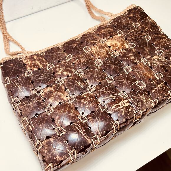 Vintage Coconut Shell Purse 70s 1970s Macrame Shoulder Bag Island Chic - Picture 3 of 12